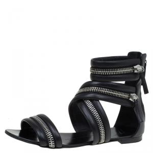 Pre Owned Giuseppe Zanotti Black Leather Zip Detail Flat Gladiator Sandals Size 37.5