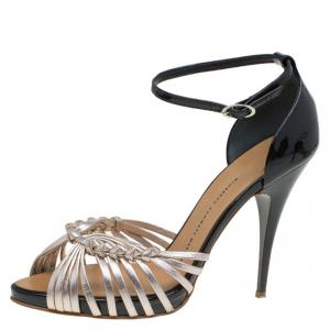 Pre Owned Giuseppe Zanotti Black and Gold Knotted Leather Ankle Strap Sandals Size 39