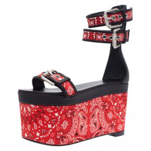 Pre Owned Giuseppe Zanotti Red and Black Printed Satin and Leather Ankle Strap Platform Sandals Size 37