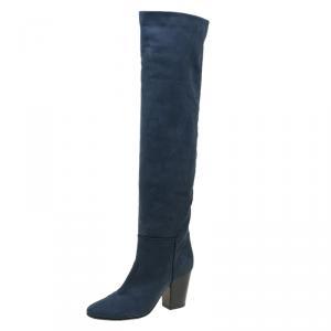 Pre Owned Giuseppe Zanotti Navy Blue Nabucco Leather Block Heel Knee Boots Size 38