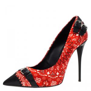 Pre Owned Giuseppe Zanotti Red Floral Satin and Leather Pumps Size 40
