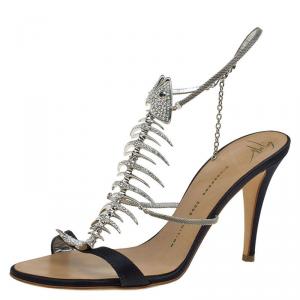 Pre Owned Giuseppe Zanotti Black Satin Crystal Encrusted Fish Bone Embellished Sandals Size 38