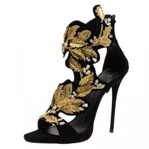 Pre Owned Giuseppe Zanotti Black Suede Coline Crystal And Leaf Embellished Sandals Size 38