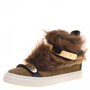 Pre Owned Giuseppe Zanotti Beige Suede Fur Trim High Top Sneakers Size 38