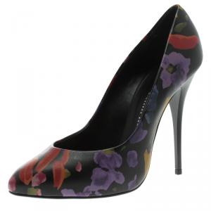 Pre Owned Giuseppe Zanotti Black Floral Printed Leather Pumps Size 39