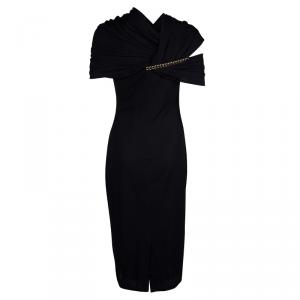 Givenchy Black Knit Draped Shoulder Fitted Midi Dress M
