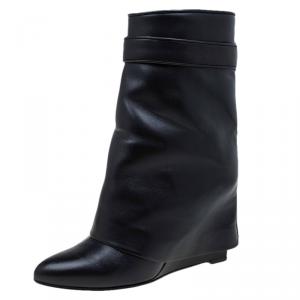 Givenchy Black Leather Shark Lock Wedge Ankle Boots Size 37