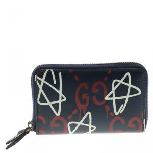 Gucci Black Ghost Print Leather Zip Around Card Case