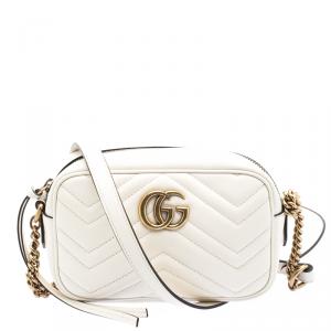 Pre Owned Gucci White Matelassé Leather Mini GG Marmont Crossbody Bag