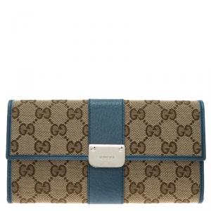 Gucci Beige Guccissima Canvas and Blue Trim Continental Wallet