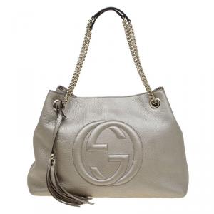 مملوكة مسبقًا Gucci Metallic Beige Pebbled Leather Medium Soho Tote