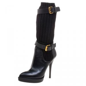 مملوكة مسبقًا Gucci Black Leather and Knitted Wool Lifford Platform Boots Size 37.5
