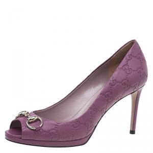 مملوكة مسبقًا حذاء كعب عالي غوتشي نيوهوليوود هورسبيت جلد غوتش يسيما بنفسجي مقدمة مفتوحة مقاس 37