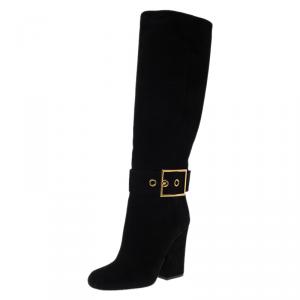 Pre Owned Gucci Black Suede Kesha Block Heel Knee Boots Size 37