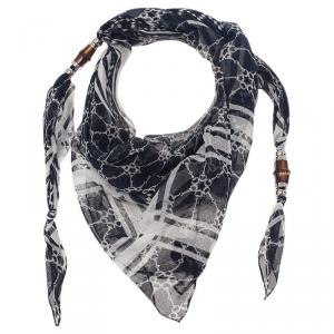 مملوكة مسبقًا Gucci Black and White Printed Cotton Bamboo Detail Scarf