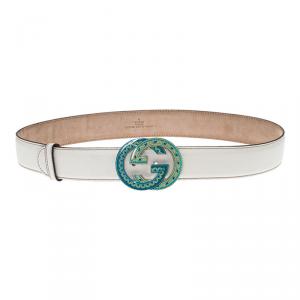 Pre Owned Gucci White Leather Cellarius Interlocking GG Buckle Belt 85 CM