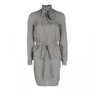 Gucci Monochrome Houndstooth Printed Silk Scarf Detail Belted Shirt Dress S