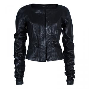 Pre Owned Gucci Black Collarless Leather Jacket M