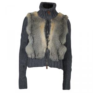 Pre Owned Gucci Grey Camel Wool Fox Fur Trim Zip Front Sweater S