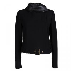 Pre Owned Gucci Black Leather Collar Detail Wool Jacket M