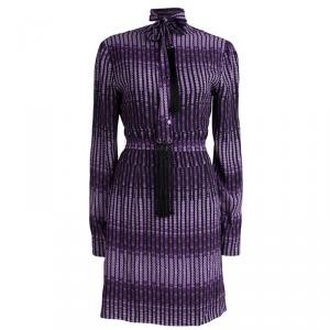 Gucci Purple Printed Silk Tassel Neck Tie Detail Belted Dress M