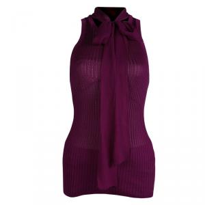 Gucci Purple Rib Knit Neck Tie Detail Sleeveless Top L