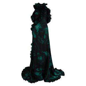 Gucci Green Printed Silk Ruffle Detail Backless Maxi Dress XS