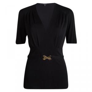 Gucci Black Knit Metal Logo Bow Detail V-Neck Blouse XL