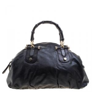 Pre Owned Gucci Black Leather Pop Bamboo Top Handle Bag
