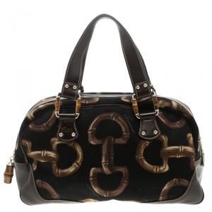 مملوكة مسبقًا Gucci Dark Brown Bamboo Horsebit Print Canvas Boston Bag