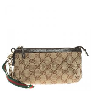 Gucci Beige/Brown GG Canvas Charm Wristlet Pouch