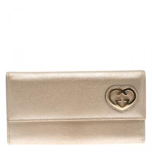 Gucci Metallic Beige Leather Lovely Heart Continental Wallet