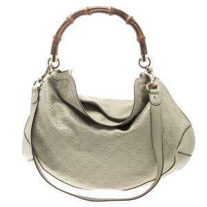 Pre Owned Gucci Off White Guccissima Leather Peggy Bamboo Top Handle Bag