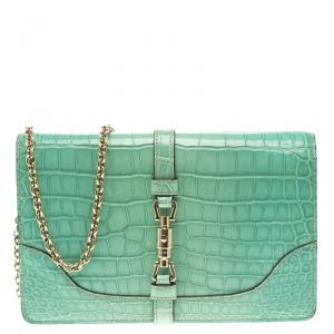 Gucci Turquoise Green Croc Leather Jackie Clutch