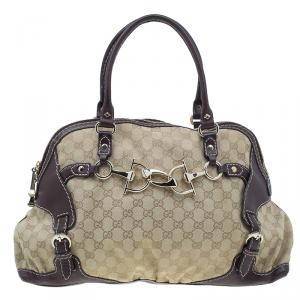Pre Owned Gucci Brown Monogram Canvas and Leather Medium Horsebit Nail Bag