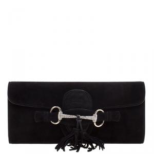 Pre Owned Gucci Black Suede Crystal Horsebit Broadway Clutch
