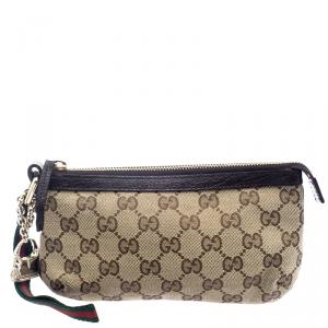 Pre Owned Gucci Beige/Brown GG Canvas Charm Wristlet Pouch