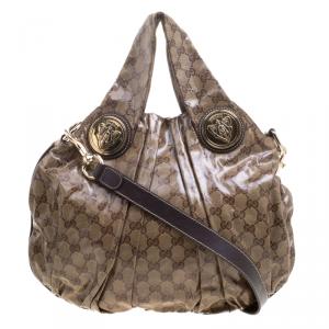 Pre Owned Gucci Brown GG Crystal Canvas Medium Hysteria Hobo