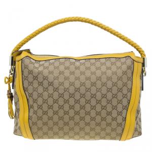 Gucci Beige Canvas and  Yellow Leather Trim Bella Tote