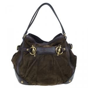 Pre Owned Gucci Brown Suede Horsebit Jockey Tote