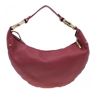 Pre Owned Gucci Red Pebbled Leather Half Moon Bamboo Ring Hobo Bag