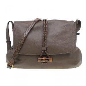 Pre Owned Gucci Brown Leather Hip Bamboo Flap Shoulder Bag