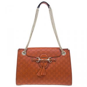 Pre Owned Gucci Orange Leather Monogram Guccissima Emily Chain Shoulder Bag