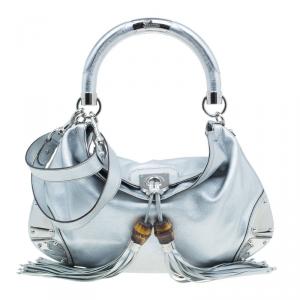 Pre Owned Gucci Silver Leather Indy Top Handle Hobo Bag