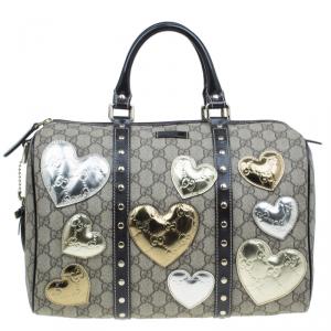 Pre Owned Gucci Beige Coated Canvas Medium Vintage Web Heart Original Boston Bag