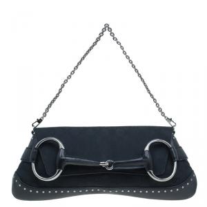 Pre Owned Gucci Black Canvas Studded Horsebit Chain Clutch