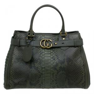 مملوكة مسبقًا Gucci Army Green Python Large GG Running Tote Bag