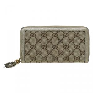 Pre Owned Gucci Beige GG Canvas and Leather Tassel Zip-around Continental Wallet