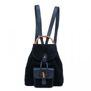 Pre Owned Gucci Black Suede/Leather Mini Bamboo Handle Backpack Bag