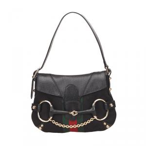 Pre Owned Gucci Black Web Detail Horsebit Shoulder Bag